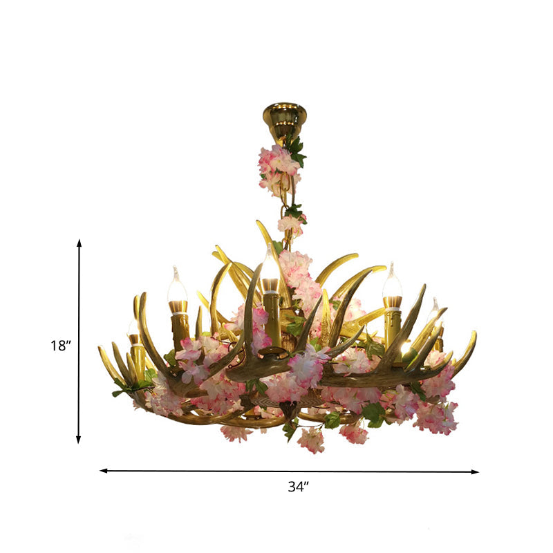 Élodie Pink Antler Resin Chandelier with Blossom Design
