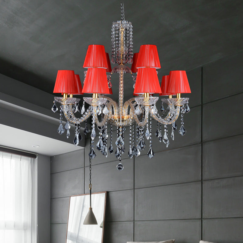Delphine Red Fabric Cone Crystal Chandelier Pendant Light