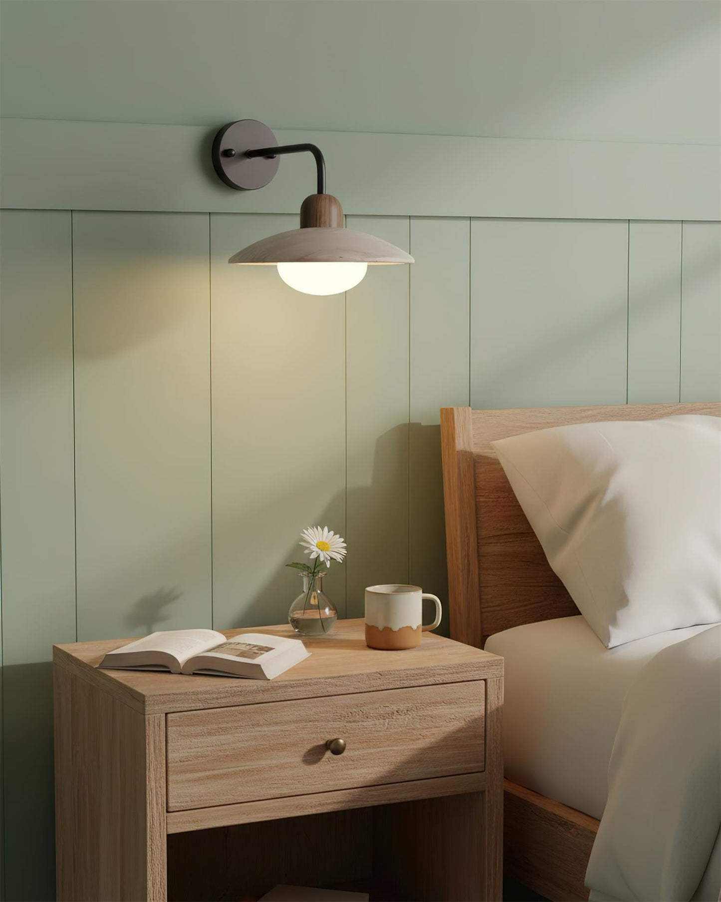 Carolia Travertine Wall Lamp with Wood Base and Brushed Brass Arm