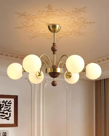Margaux Chandelier, Opal Glass Shades with Wood and Metal Frame
