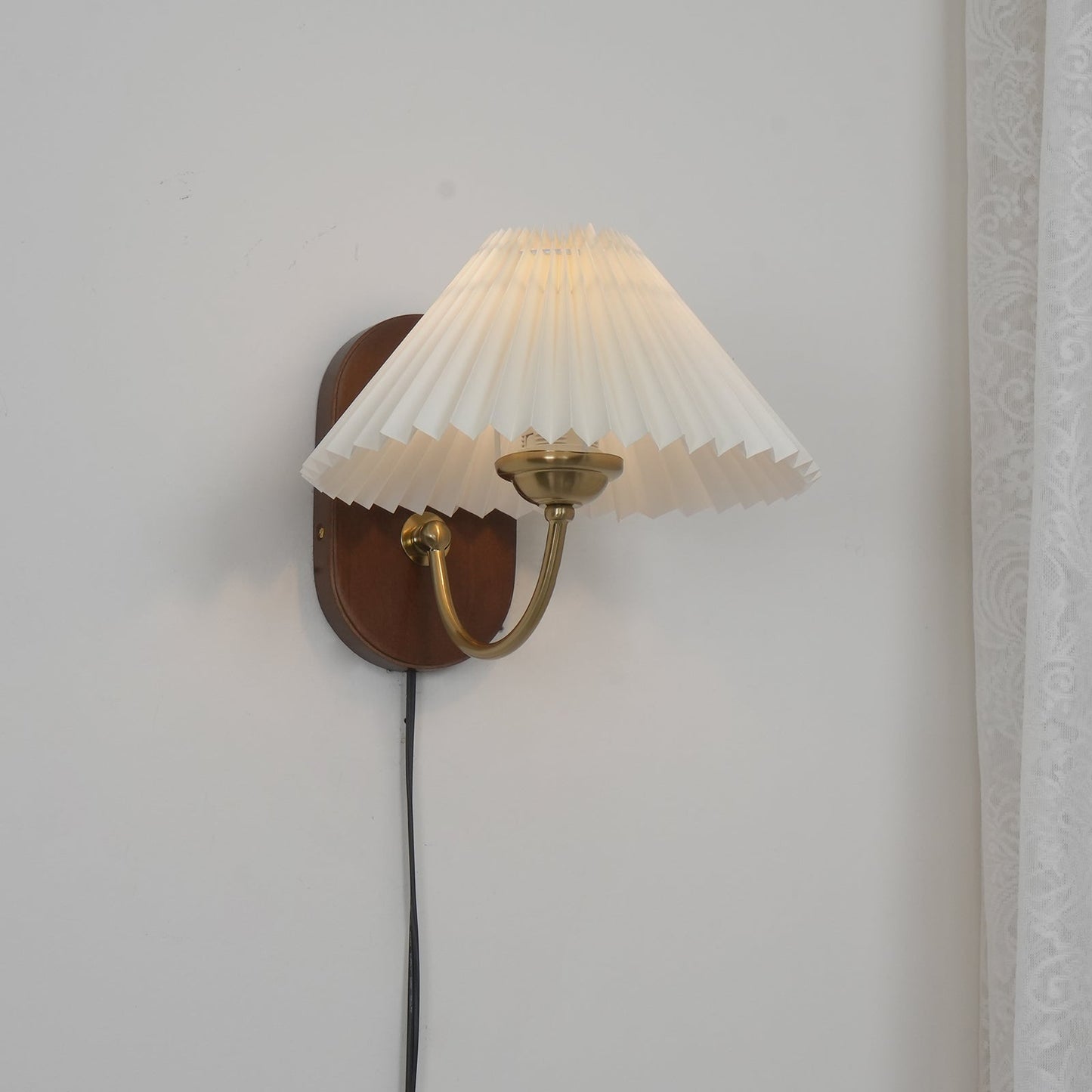 Louise Plug-In Wall Lamp with Walnut Base and Pleated Fabric Shade