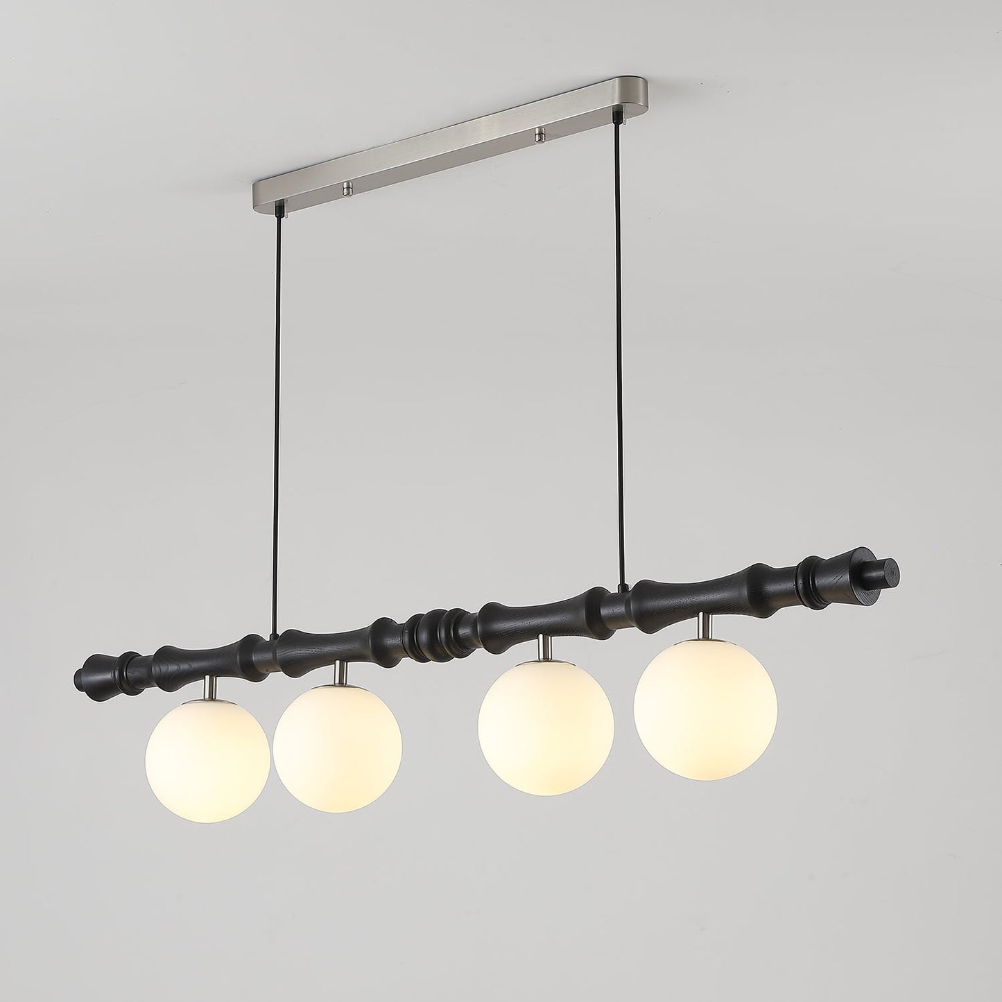Céline Wood Chandelier, Carved Wooden Beam with Frosted Glass Globes