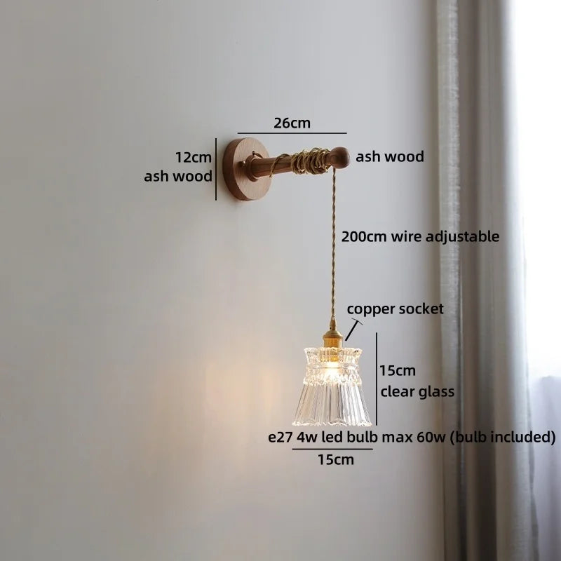 Madeleine Vintage Brass Wall Lamp with Ash Wood Base