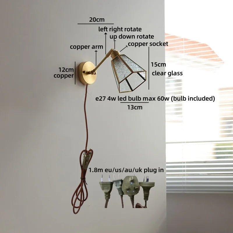 Élise Vintage Gold Glass Copper LED Wall Lamp Brass Arm