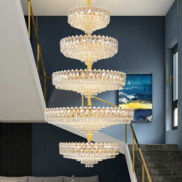 Camille French Luxury Long Crystal Chandelier, Gold LED, Grand Lobby Light