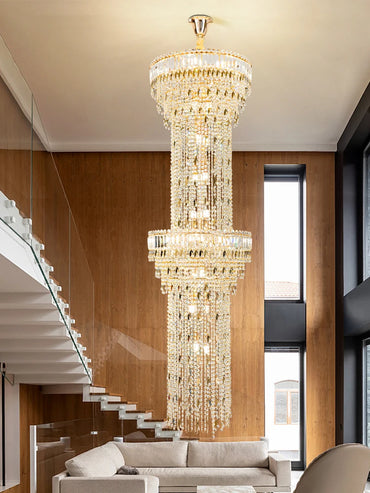 Hollow Spiral Crystal Long Chandelier for Staircase and Living Room