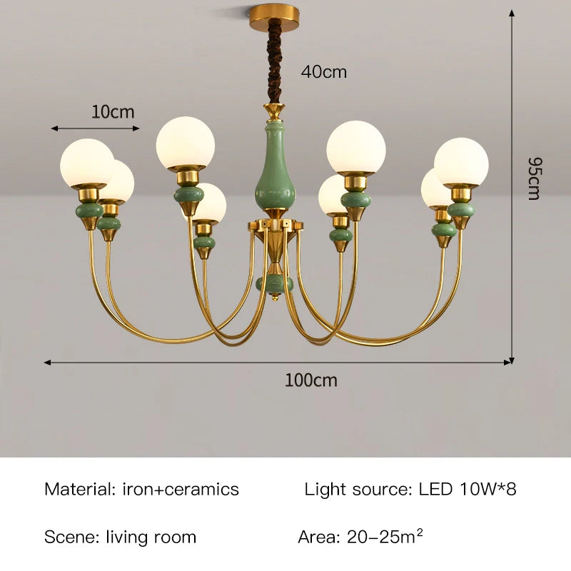 Minimalist Retro Gold Ceramic Chandelier with LED Lights for Bedroom and Loft