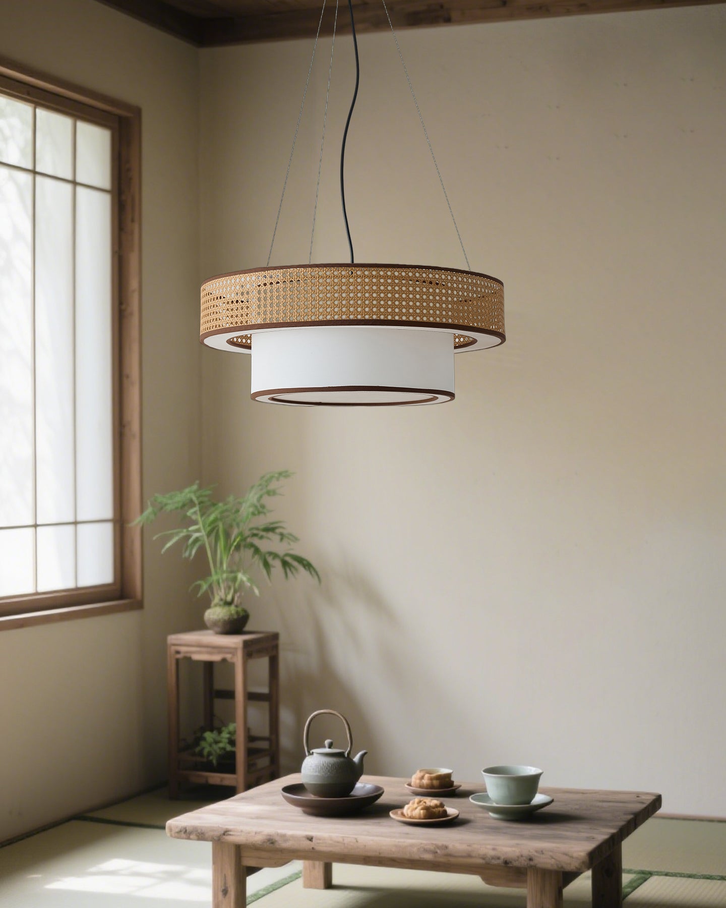 Camille Wicker Chandelier, Rattan Frame with Fabric Shade