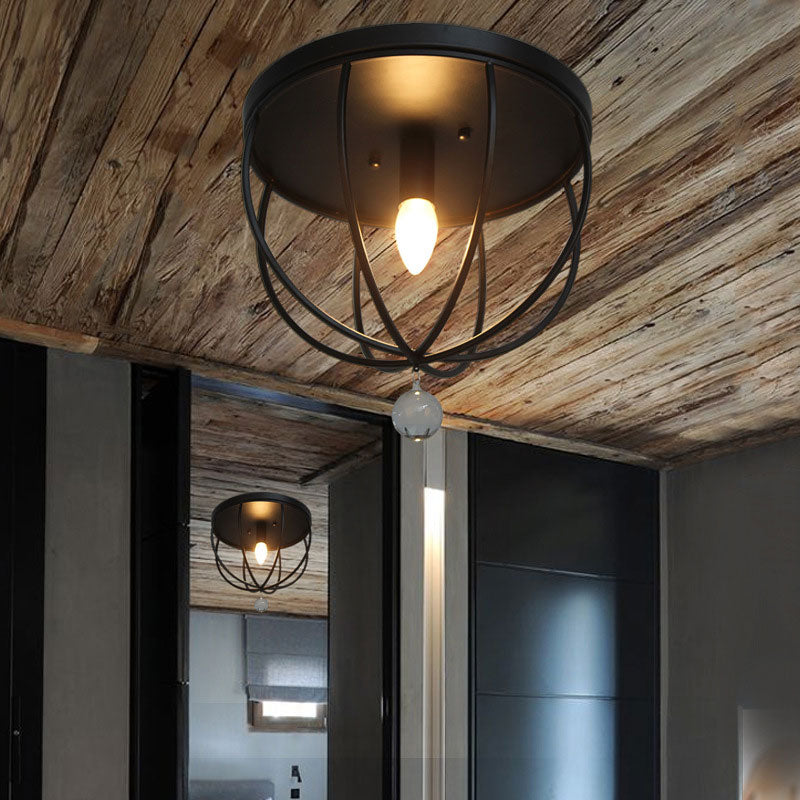 Madeleine Industrial Wire Cage Crystal Flush Ceiling Light