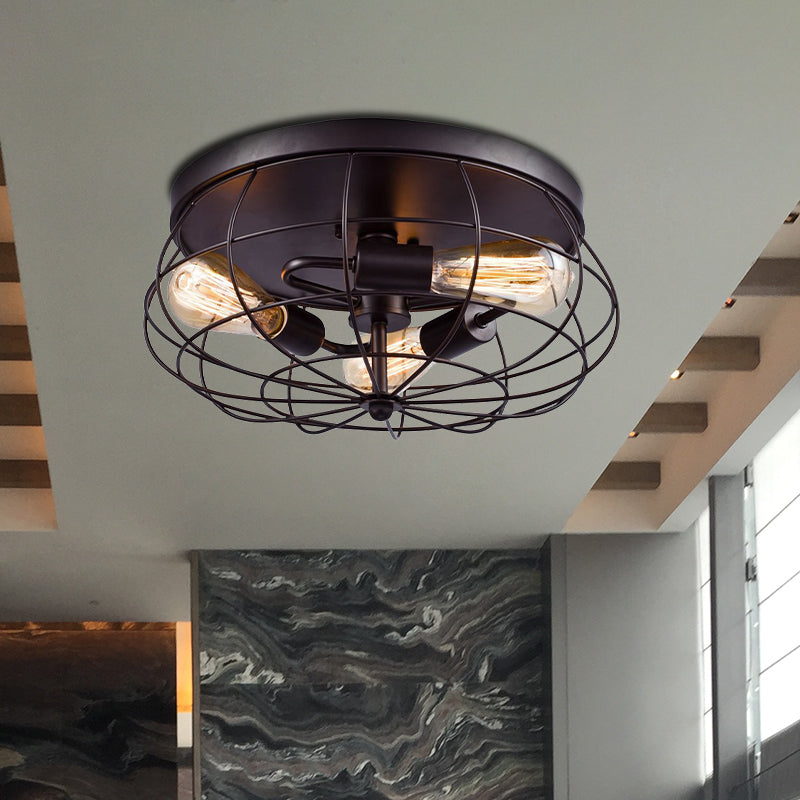 Amandine Industrial Black Metal Caged Flush Ceiling Light