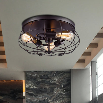 Amandine Industrial Black Metal Caged Flush Ceiling Light