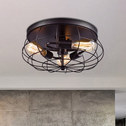 Amandine Industrial Black Metal Caged Flush Ceiling Light