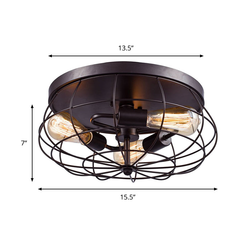 Amandine Industrial Black Metal Caged Flush Ceiling Light