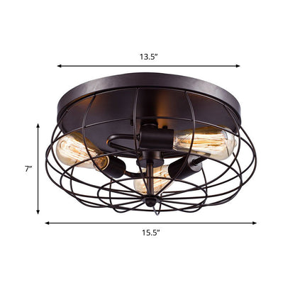Amandine Industrial Black Metal Caged Flush Ceiling Light
