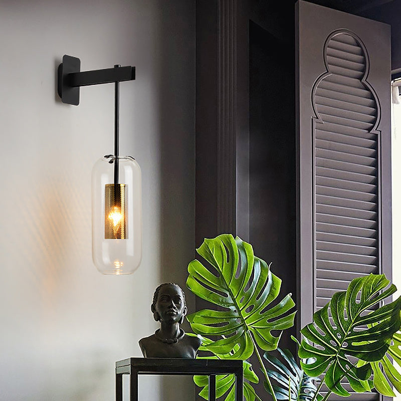 Elodie Capsule Wall Lamp with Clear Glass and Black/Gold Frame
