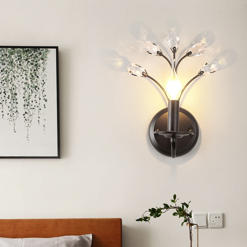 Single-Bulb Candle Wall Sconce Farmhouse Black Metal Wall Light with Crystal Twig