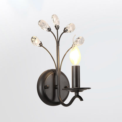 Single-Bulb Candle Wall Sconce Farmhouse Black Metal Wall Light with Crystal Twig