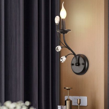 Single-Bulb Candle Wall Sconce Farmhouse Black Metal Wall Light with Crystal Twig