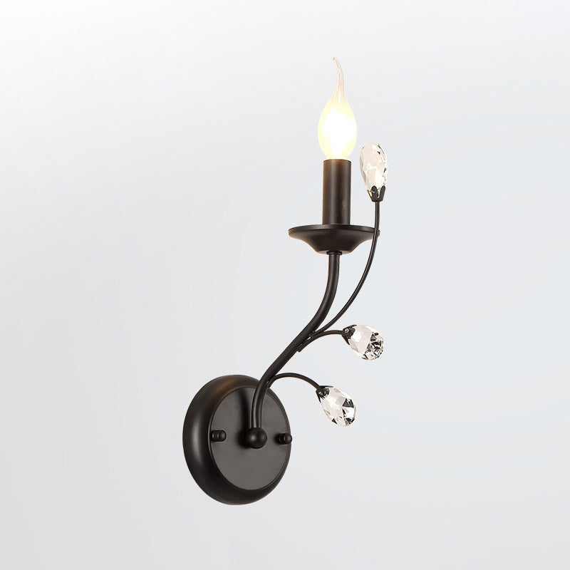 Single-Bulb Candle Wall Sconce Farmhouse Black Metal Wall Light with Crystal Twig
