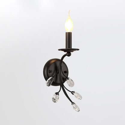 Single-Bulb Candle Wall Sconce Farmhouse Black Metal Wall Light with Crystal Twig