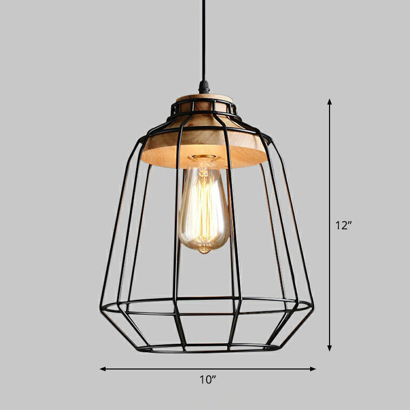 Camille Industrial Cage Pendant Light with Wooden Accent