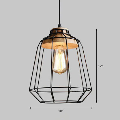 Camille Industrial Cage Pendant Light with Wooden Accent