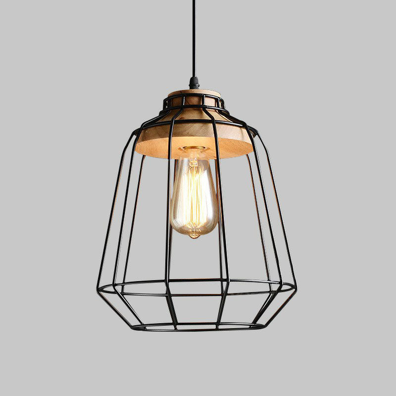 Camille Industrial Cage Pendant Light with Wooden Accent