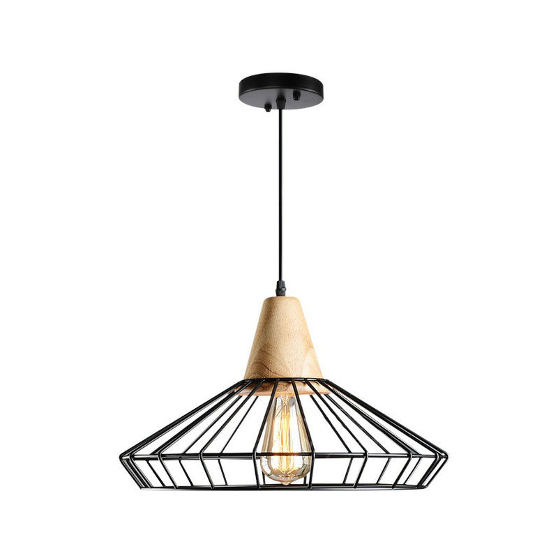 Camille Industrial Cage Pendant Light with Wooden Accent