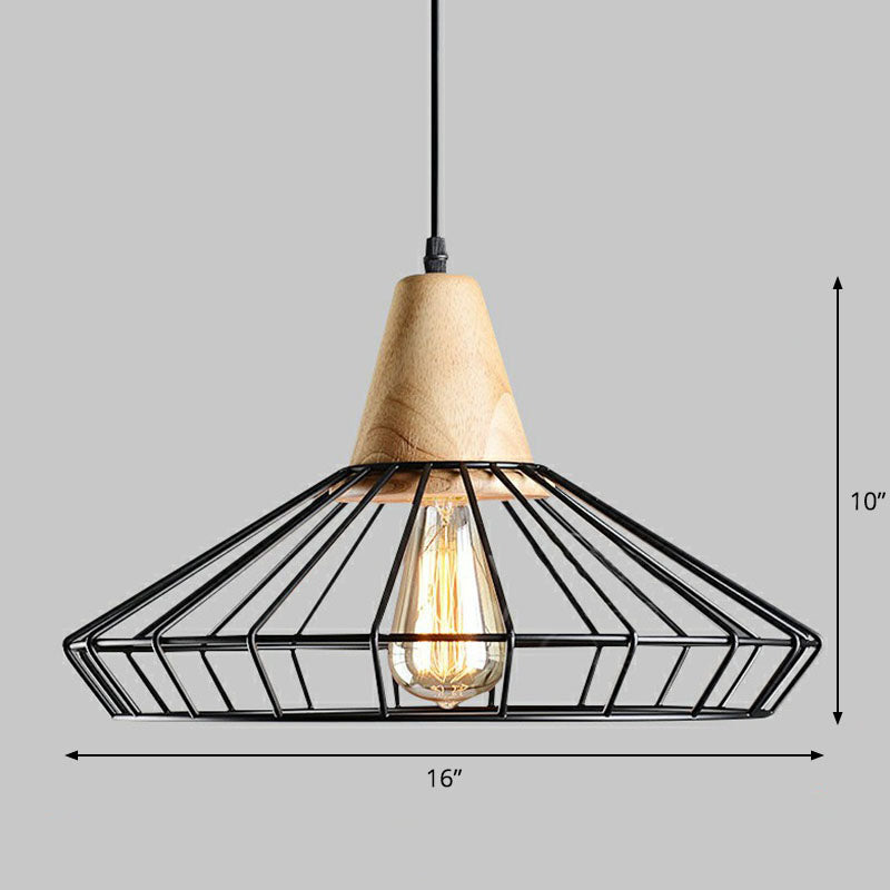 Camille Industrial Cage Pendant Light with Wooden Accent