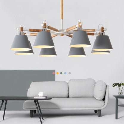 Adeline Macaron Conical Chandelier with Wooden Arms