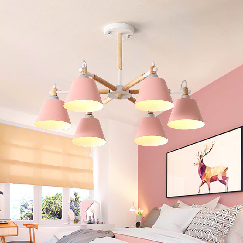 Adeline Macaron Conical Chandelier with Wooden Arms