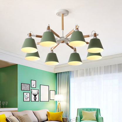Adeline Macaron Conical Chandelier with Wooden Arms
