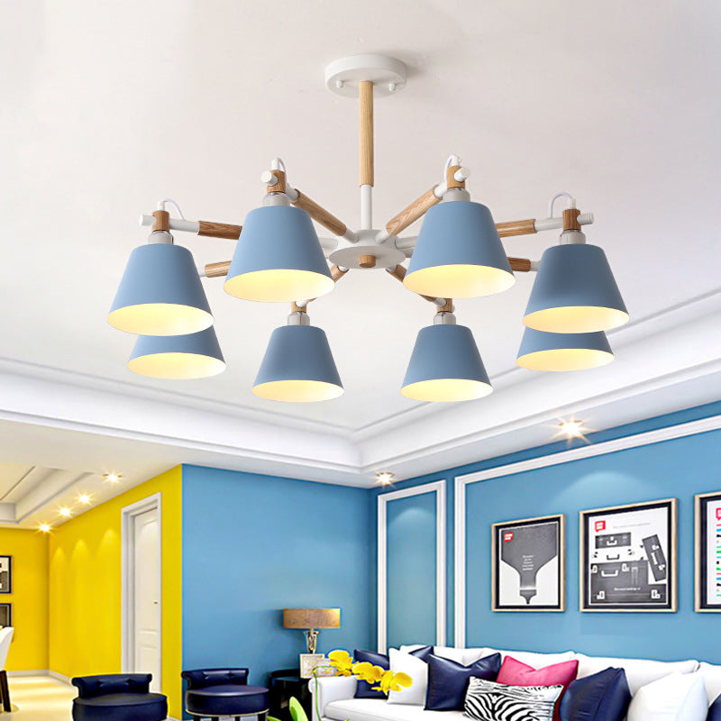 Adeline Macaron Conical Chandelier with Wooden Arms