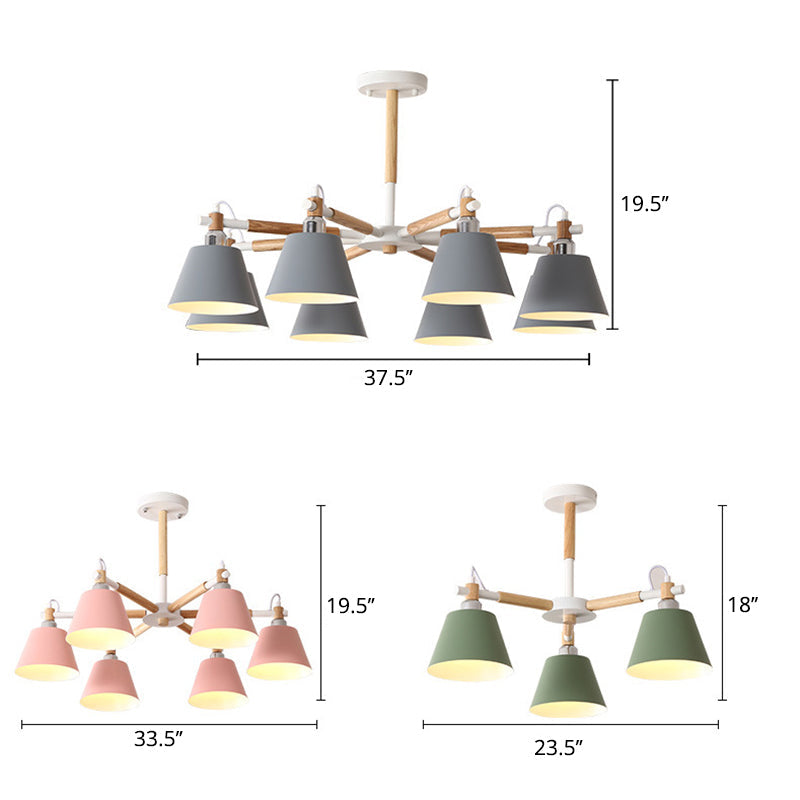 Adeline Macaron Conical Chandelier with Wooden Arms