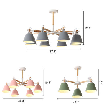Adeline Macaron Conical Chandelier with Wooden Arms