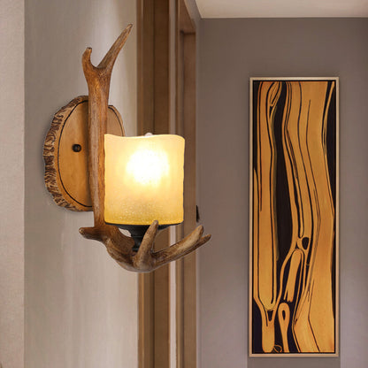 Aimée Rustic Antler Wall Sconce Wood & Frosted Glass