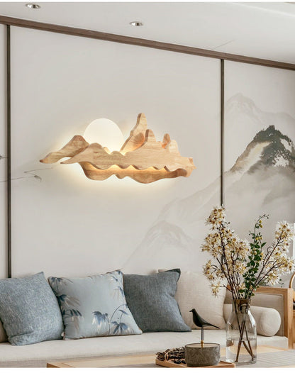 Camille Mountain & Moon Wall Lamp with Wooden Frame and Acrylic Shade