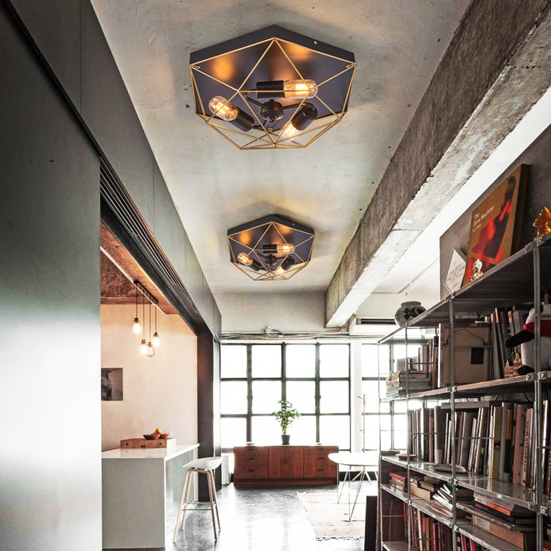 Aurélie Industrial Geometric Black Metal Flush Ceiling Light