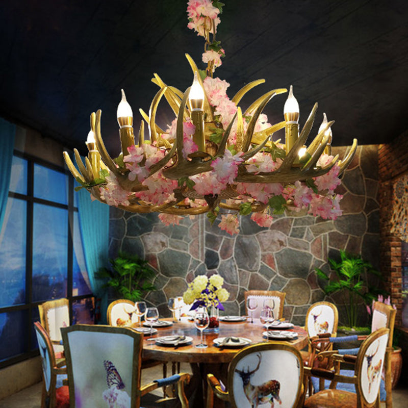 Élodie Pink Antler Resin Chandelier with Blossom Design