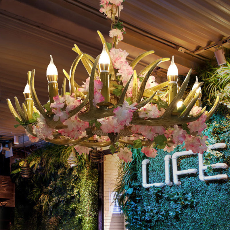 Élodie Pink Antler Resin Chandelier with Blossom Design