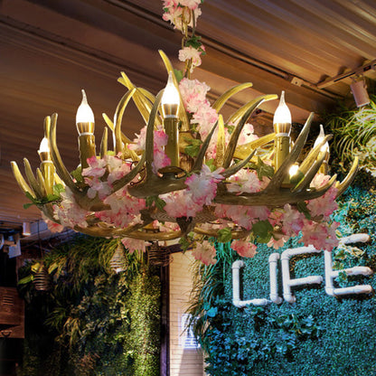 Élodie Pink Antler Resin Chandelier with Blossom Design