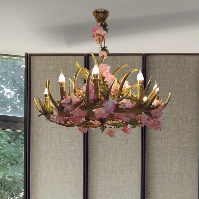 Élodie Pink Antler Resin Chandelier with Blossom Design