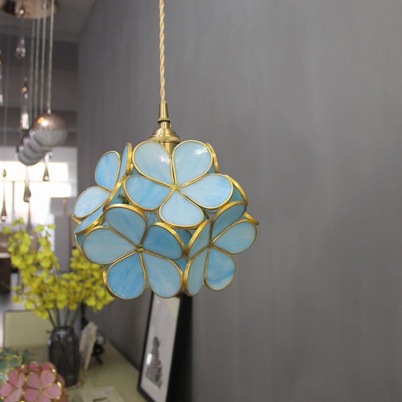 Aurélie Tiffany-Style Flower Pendant Light Blue Stained Glass