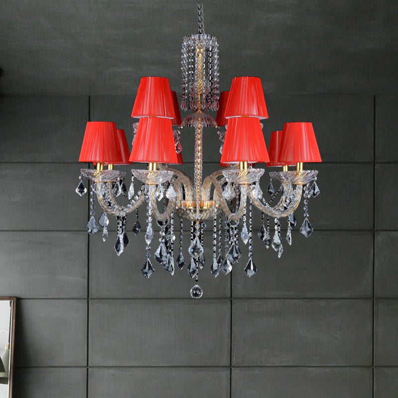 Delphine Red Fabric Cone Crystal Chandelier Pendant Light