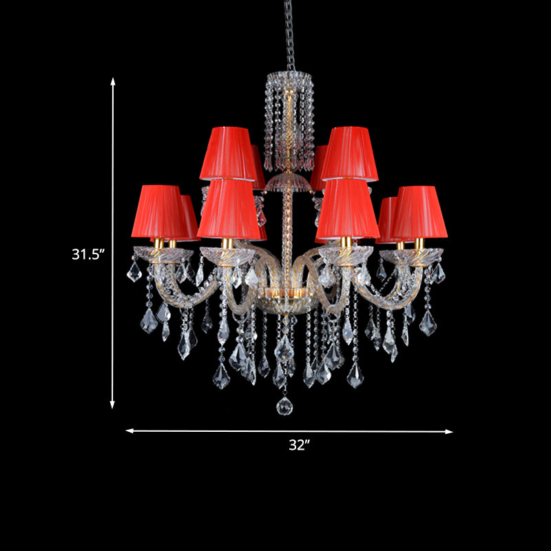 Delphine Red Fabric Cone Crystal Chandelier Pendant Light
