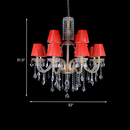 Delphine Red Fabric Cone Crystal Chandelier Pendant Light