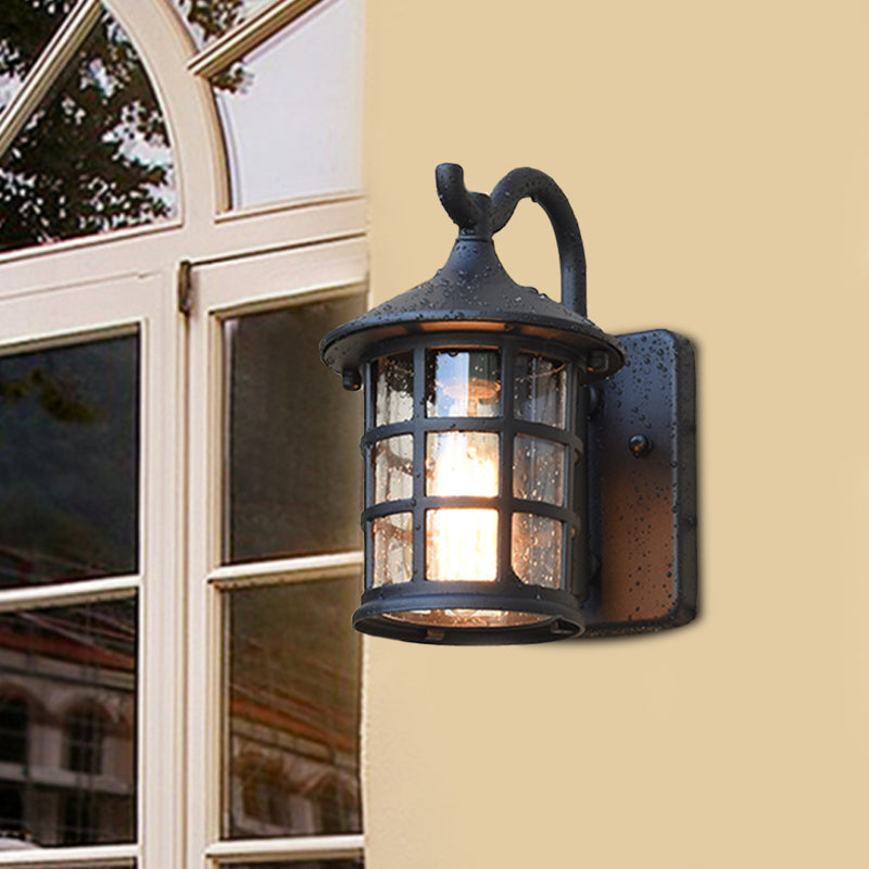 Juliette Seeded Glass Lantern Wall Lamp for Outdoor in Bronze and Black