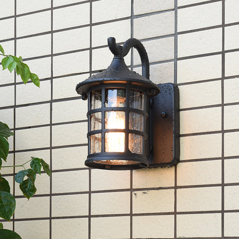 Juliette Seeded Glass Lantern Wall Lamp for Outdoor in Bronze and Black