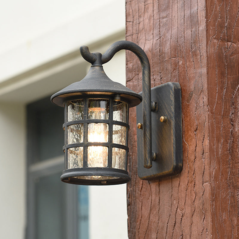 Juliette Seeded Glass Lantern Wall Lamp for Outdoor in Bronze and Black