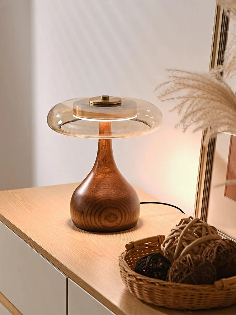 Camille Retro Wood & Glass Table Lamp